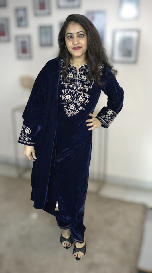 ISHI 527 Beautiful Navy-Blue Color Premium Velvet Embroided Straight 3 Pcs Suit