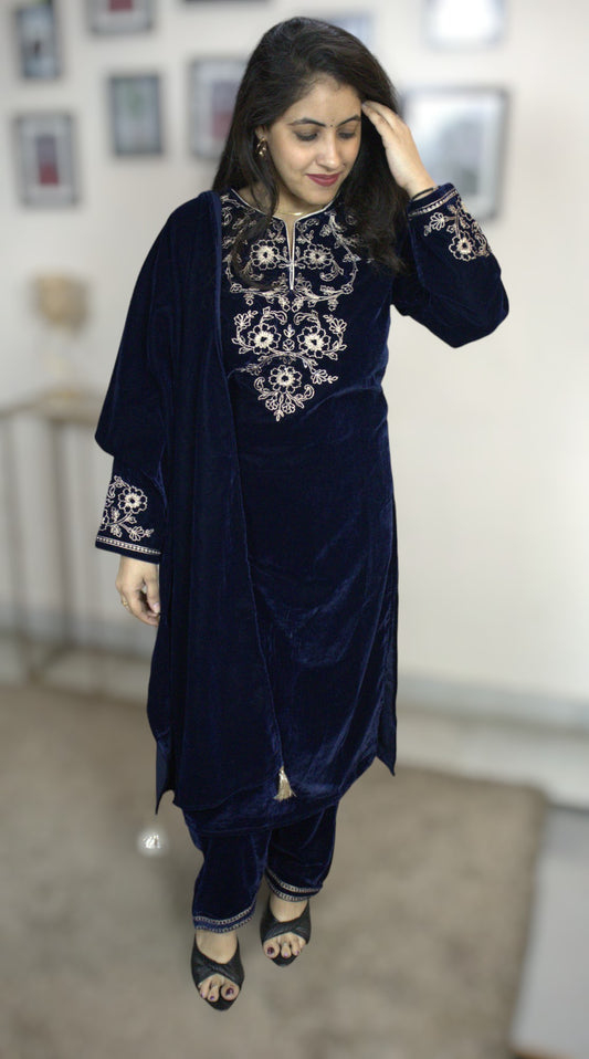 ISHI 527 Beautiful Navy-Blue Color Premium Velvet Embroided Straight 3 Pcs Suit