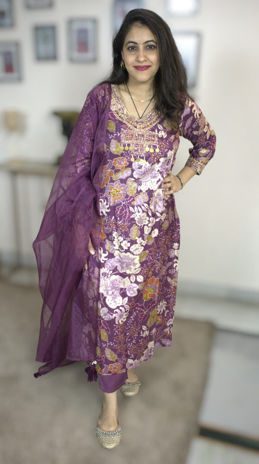 ISHI 542 Beautiful Onion Color Muslin Floral Printed Straight 3 Pcs Suit