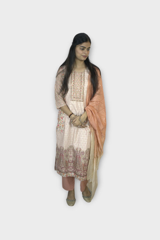 ISHI 544 Beautiful Almond Color Cotton Schiffli Straight 3 Pcs Suit