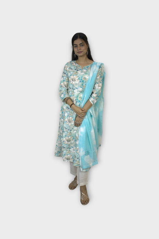 ISHI 548 Beautiful White Blue Color Floral Cotton Straight 3 Pcs Suit