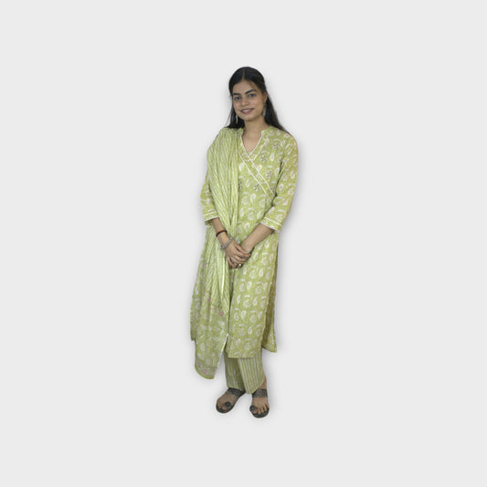 ISHI559 Beautiful Green Color Cotton Angrakha Style 3 Pcs Suit