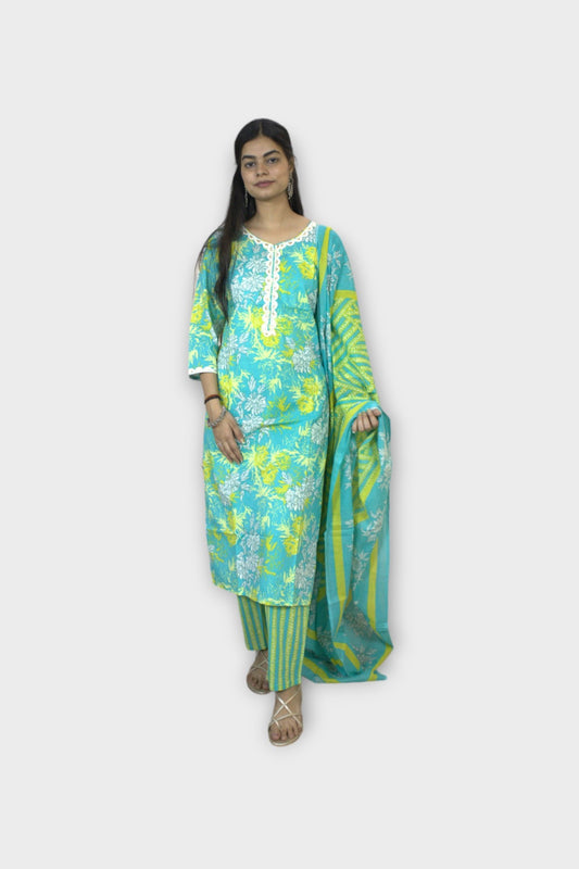 ISHI 560 Beautiful Green Color Cotton Straight 3 Pcs Suit