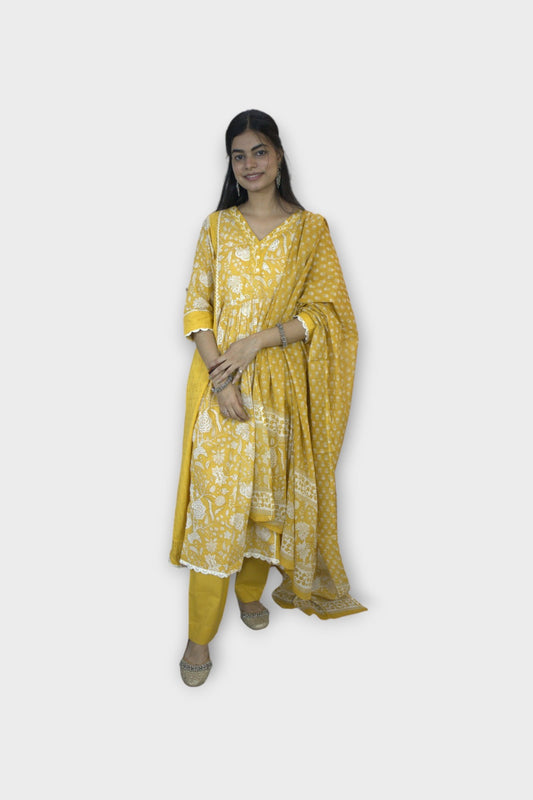 ISHI 569 Beautiful Yellow Color Cotton Anarkali 3 Pcs Suit