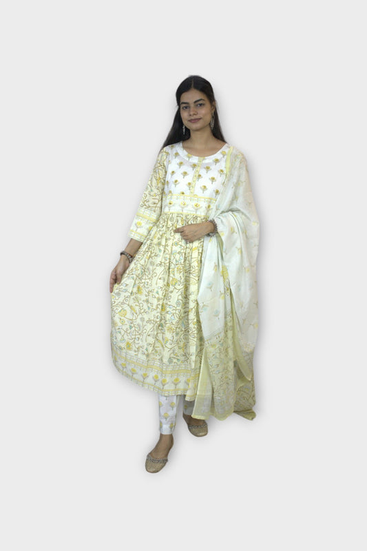ISHI 571 Beautiful Lemon Color Cotton Anarkali 3 Pcs Suit