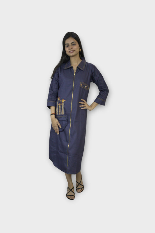 ISHI 585 Beautiful Denim Color Embroided Cotton Indowestern Dress