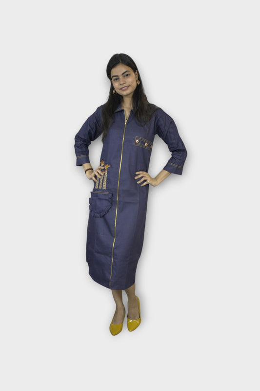 ISHI 585 Beautiful Denim Color Embroided Cotton Indowestern Dress