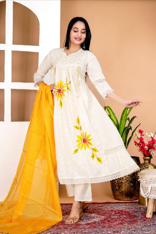 ISHI676 Beautiful Designer Off White & Yellow Color Cotton Anarkali 3 Pcs Suit