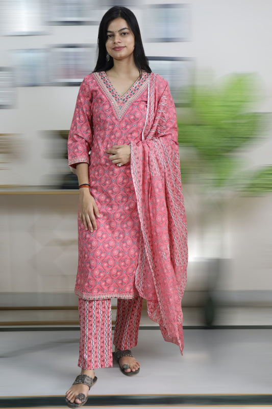 ISHI 678 Beautiful Designer Pink Color Cotton V Neck 3 Pcs Suit