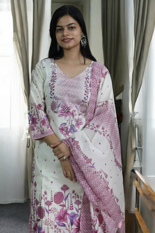 ISHI 704 Beautiful Off White Color Cotton Floral Printed 3 Pcs Suit