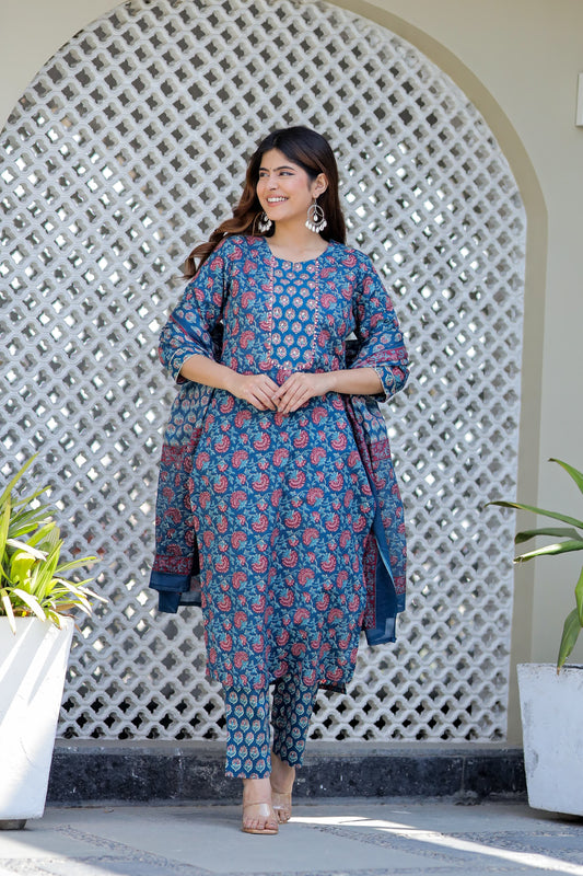 ISHI 708 Beautiful Blue Color Cotton Straight 3 Pcs Suit