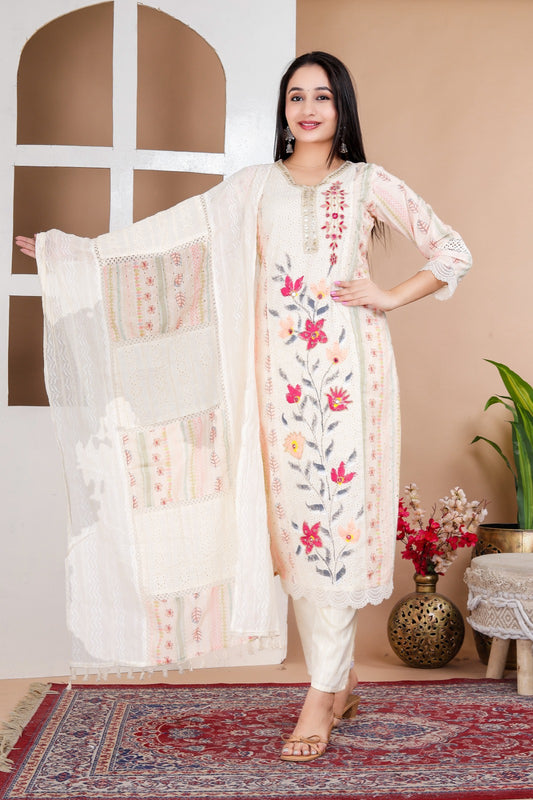 ISHI725 Beautiful Designer Off White & Pink Color Cotton Straight 3 Pcs Suit