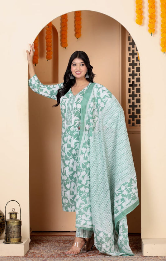 ISHI 727 Beautiful Green Color Floral Cotton Straight 3 Pcs Suit
