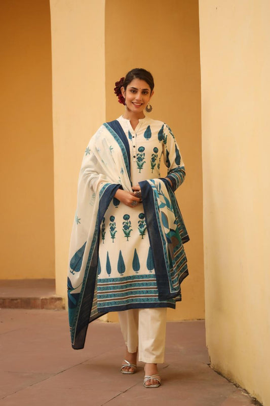 ISHI739 Beautiful Off White Color Cotton Printed Straight 3 Pcs Suit