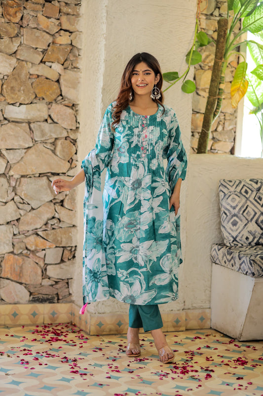 ISHI 780 Beautiful Green Color Floral Cotton Straight 3 Pcs Suit