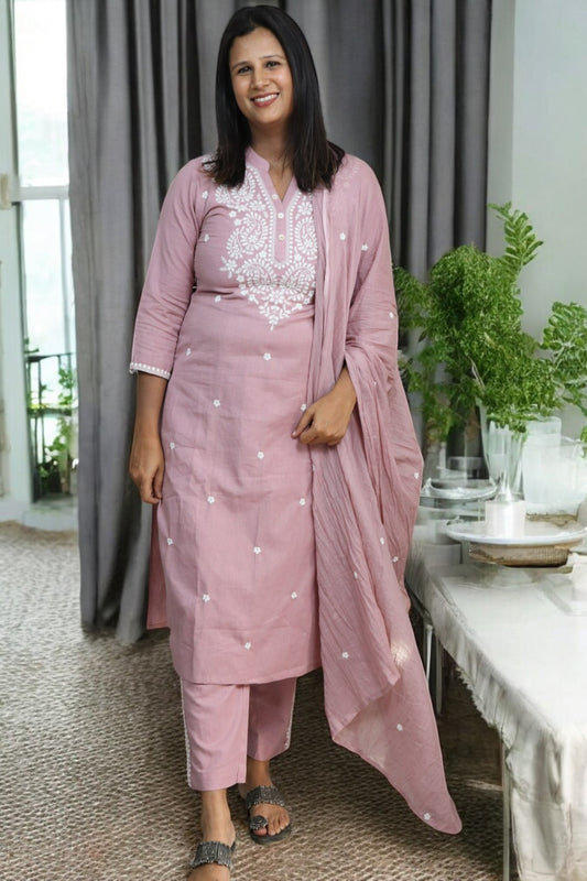 ISHI 799 Beautiful Onion Pink Color Cotton Chickan kari Straight 3 Pcs Suit
