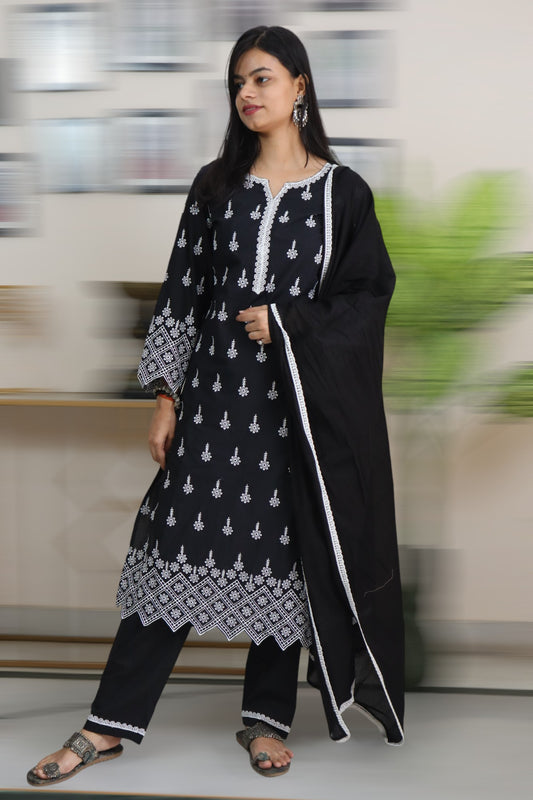 ISHI 813 Beautiful Designer Black Color Full Embroided Cotton Straight 3 Pcs Suit