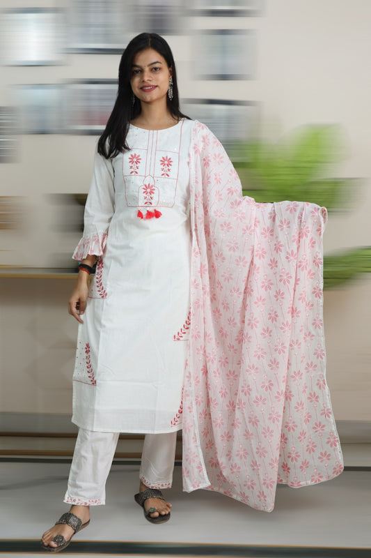 ISHI 814 Beautiful White Color Embroided Cotton Straight 3 Pcs Suit