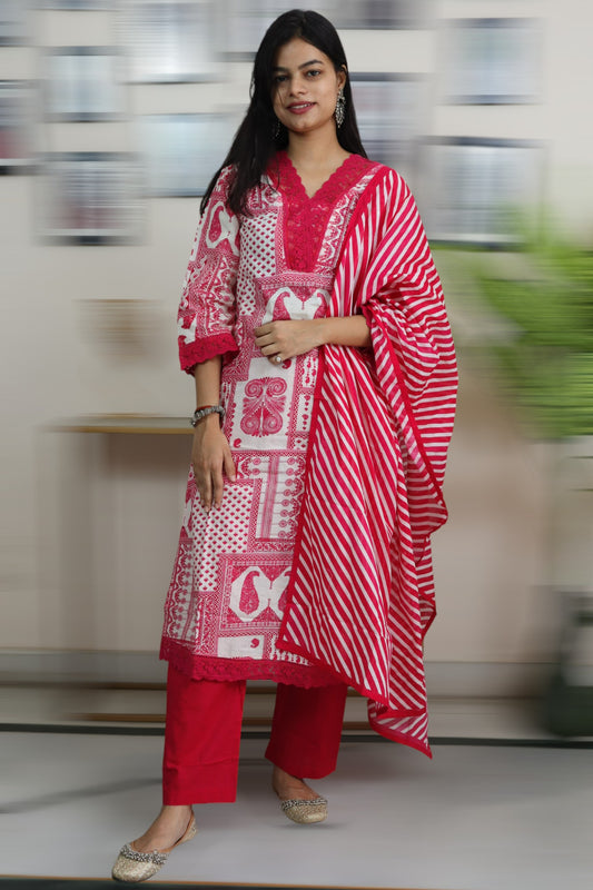 ISHI 815 Beautiful Pink Color Printed Cotton Straight 3 Pcs Suit