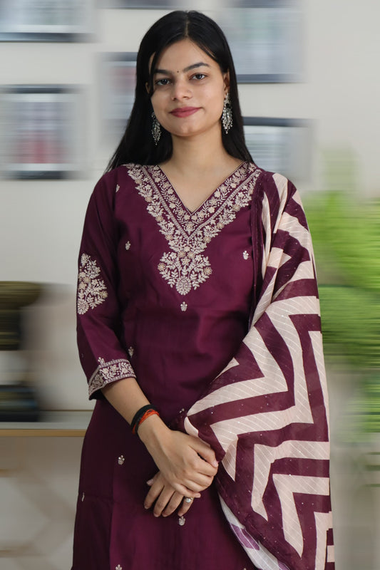 ISHI 818 Beautiful Maroon Color Embroided Cotton Straight 3 Pcs Suit