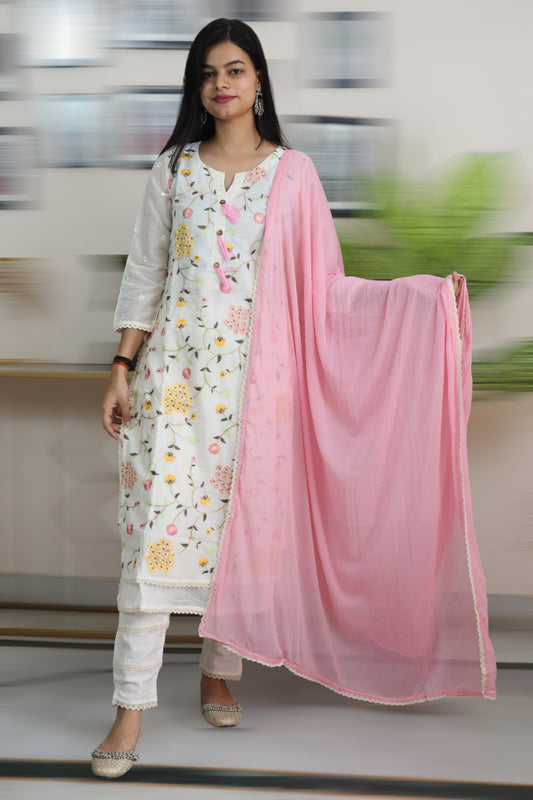 ISHI 822 Beautiful White Color Full Embroided Cotton Straight 3 Pcs Suit
