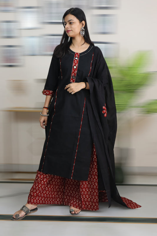 ISHI 823 Beautiful Black Color Gujrati Work Cotton Straight 2 Pcs Suit with Plazzo