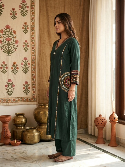 SAA2613 Pure Cotton V Neck Dark Green Embroided and Original Mirror Kurta 3 Pcs Set