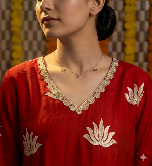 YCA2611 Premium Chanderi V Neck Embroided Rust Kurta Pant Dupatta Set