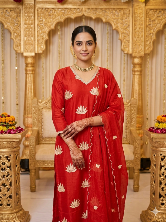 YCA2611 Premium Chanderi V Neck Embroided Rust Kurta Pant Dupatta Set