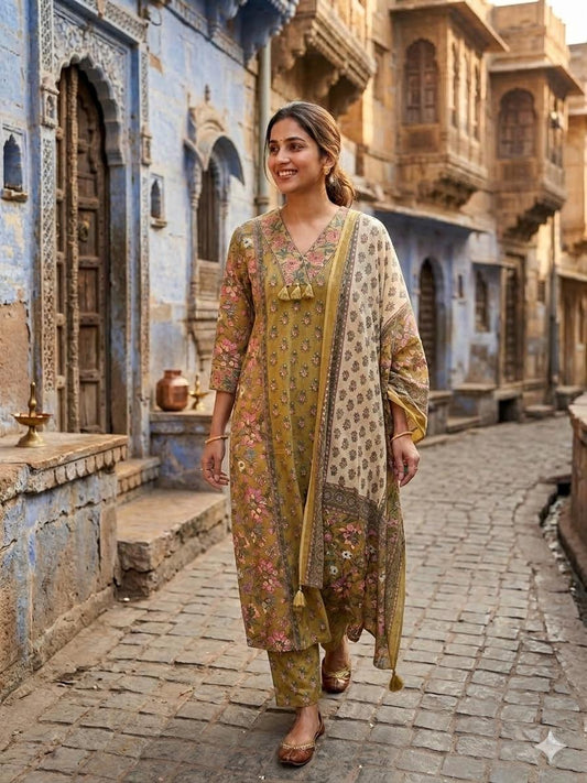 SAA2616 Pure Cotton V Neck Pista Green Colour Printed Kurta Pant Dupatta Set