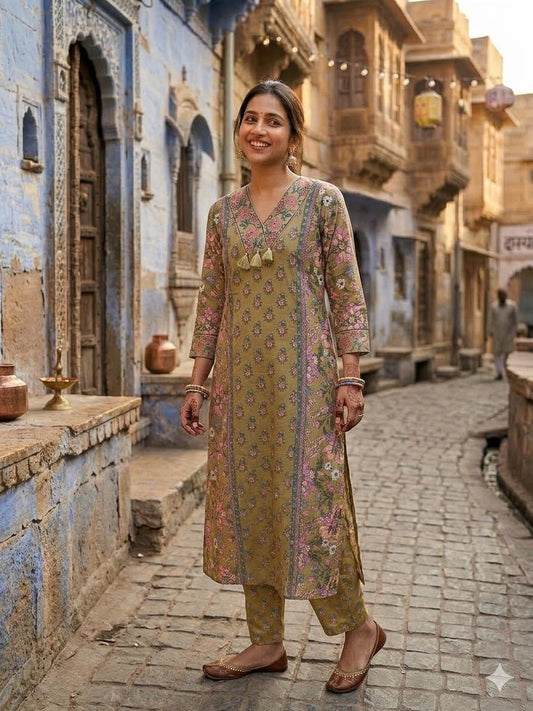 SAA2616 Pure Cotton V Neck Pista Green Colour Printed Kurta Pant Dupatta Set