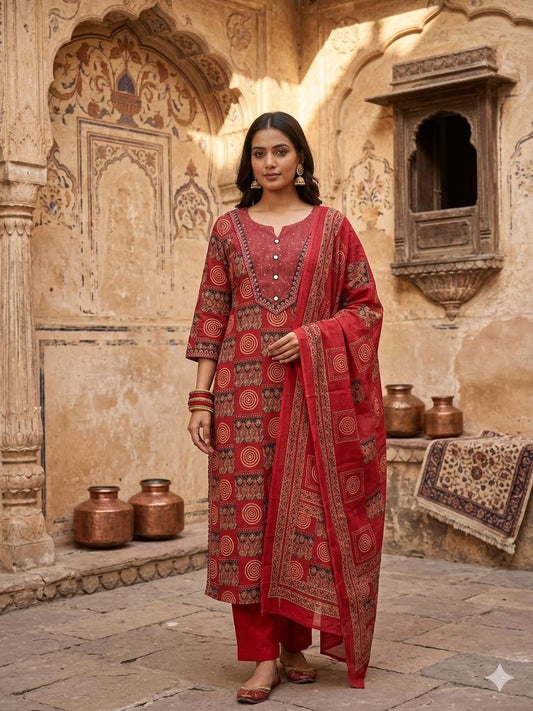 SAA2617 Pure Cotton Maroon Colour Printed Kurta Pant Dupatta Set