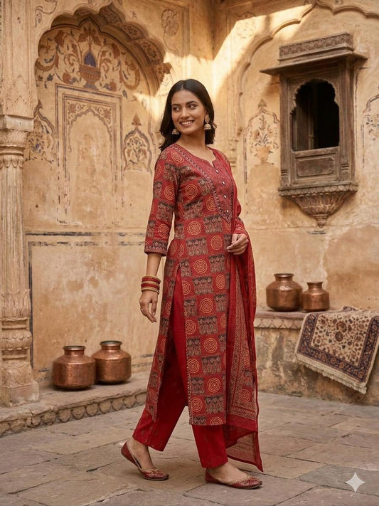 SAA2617 Pure Cotton Maroon Colour Printed Kurta Pant Dupatta Set