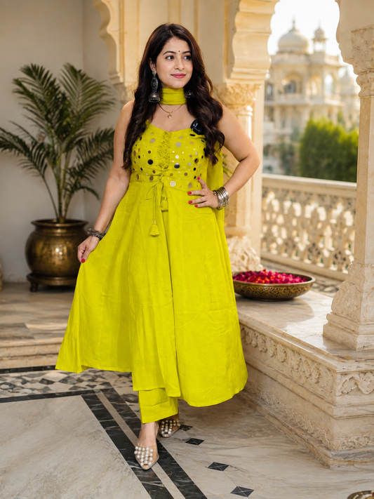 DAA02628 Premium Mul Cotton Lime Green Kurta Pant Dupatta Set