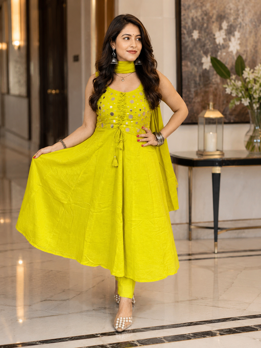 DAA02628 Premium Mul Cotton Lime Green Kurta Pant Dupatta Set