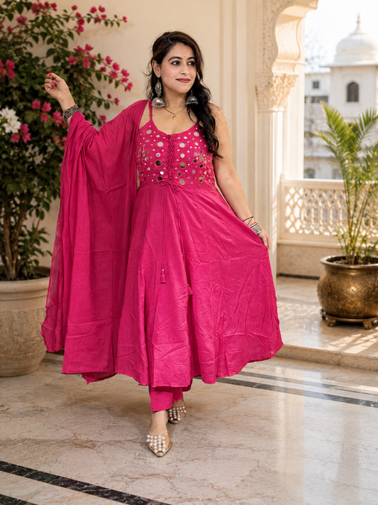 DAA02629 Premium Mul Cotton Pink Kurta Pant Dupatta Set