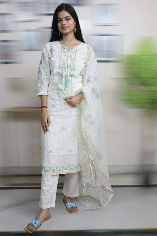 ISHI 665 Beautiful Off White Color Embroided Premium Cotton Designer 3 Pcs Suit