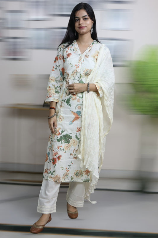 ISHI 751 Beautiful Off Color Premium Cotton Floral Printed Straight 3 Pcs Suit