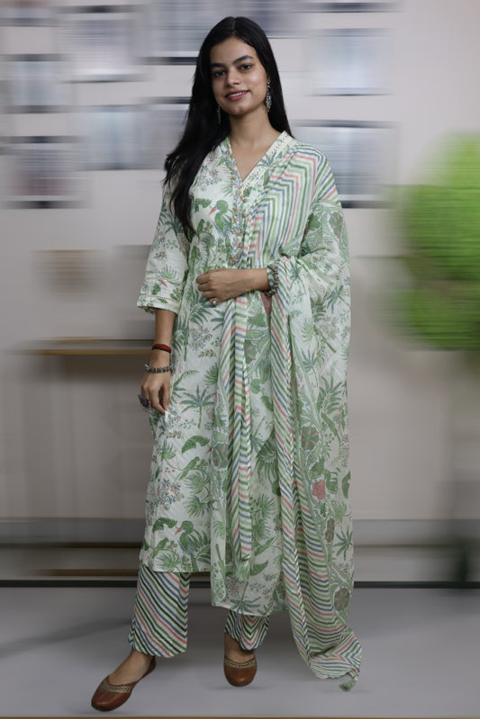 ISHI 741 Beautiful Green & Off White Color Cotton Straight 2 Pcs Suit