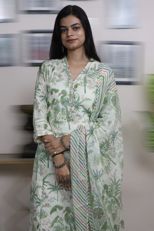 ISHI 741 Beautiful Green & Off White Color Cotton Straight 2 Pcs Suit
