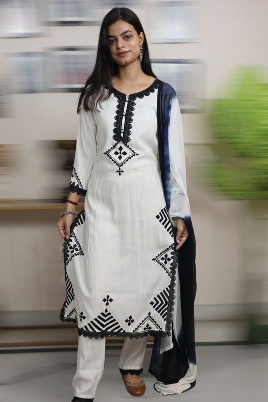 ISHI 810 Beautiful Black & White Color Cotton Embroidery Work Straight 3 Pcs Suit