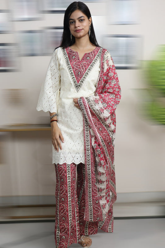 ISHI 831 Beautiful Off White Color Designer Shiffli Work 3 Pcs Suit