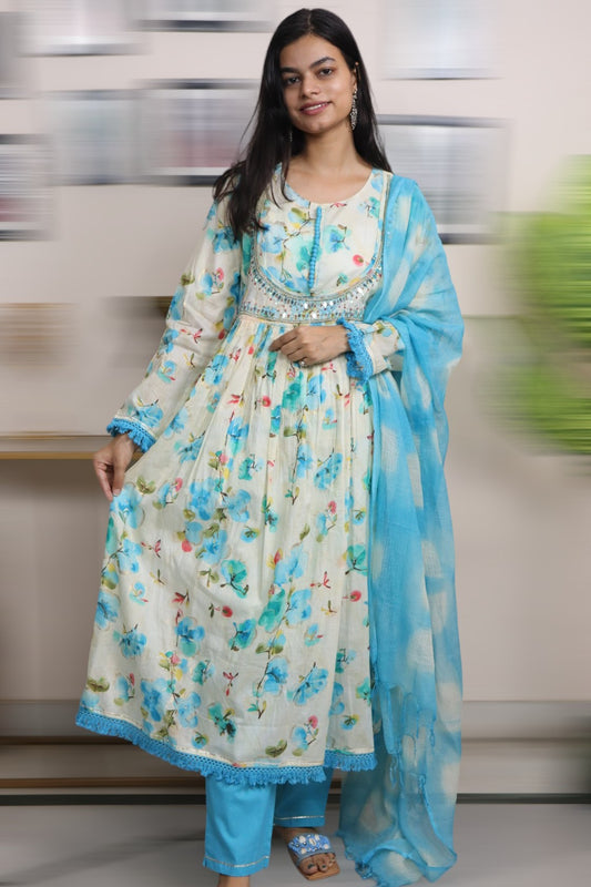ISHI 752 Beautiful Multi Color Floral Cotton Anarkali 3 Pcs Suit