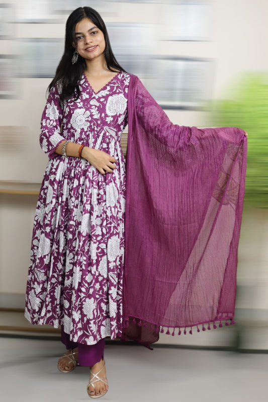 ISHI 700 Beautiful Designer Wine Color Floral Printed Cotton Anarkali 3 Pcs Suit