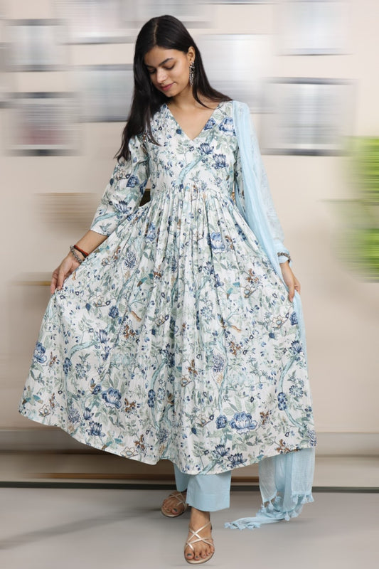 ISHI 690 Beautiful Designer Off White Color Floral Printed Cotton Anarkali 3 Pcs Suit