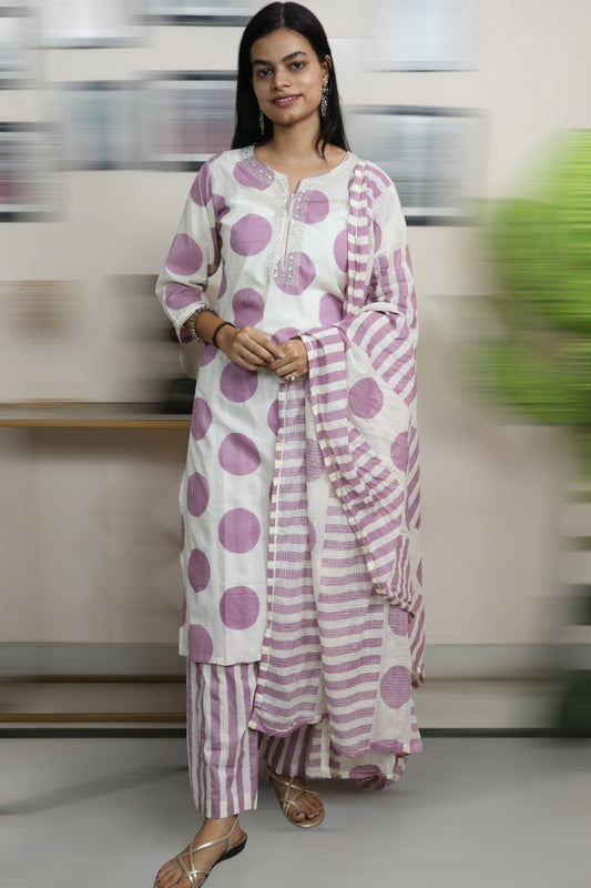ISHI 801 Beautiful Off White Color Polka Dot Cotton Straight 3 Pcs Suit