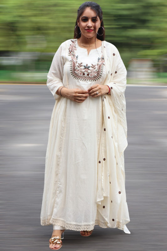 ISHI 852 Beautiful Designer Off White Color Mal Cotton Embroidery Work Anarkali 3 Pcs Suit