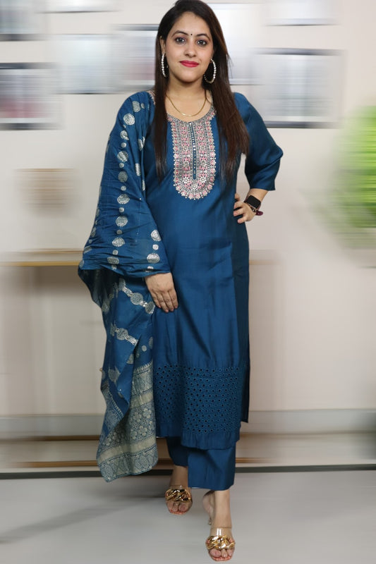 ISHI 847 Beautiful Teal Blue Color Vatican Silk Embroidery Work Partywear 3 Pcs Suit