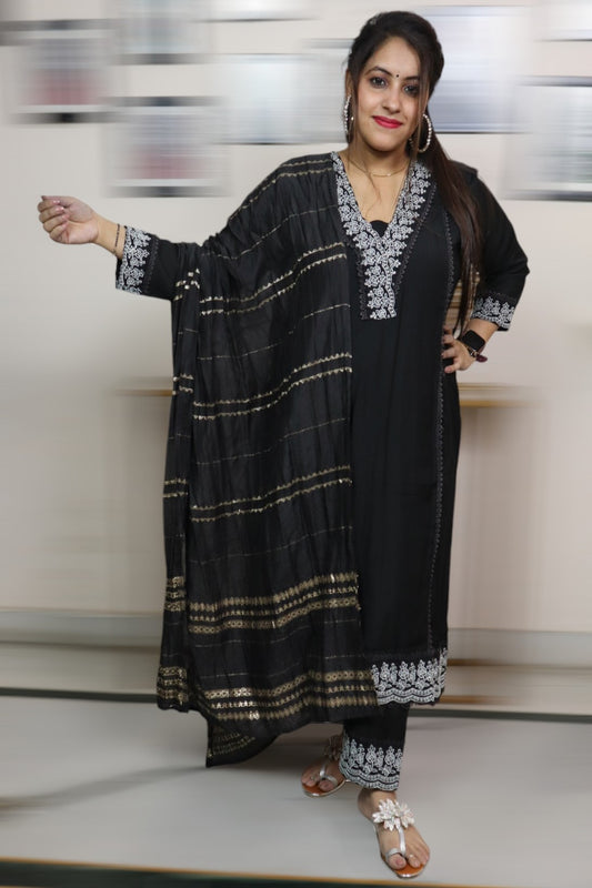 ISHI 858 Beautiful Designer Black Vatican Silk Fabric Pakistani 3 Pcs Suit
