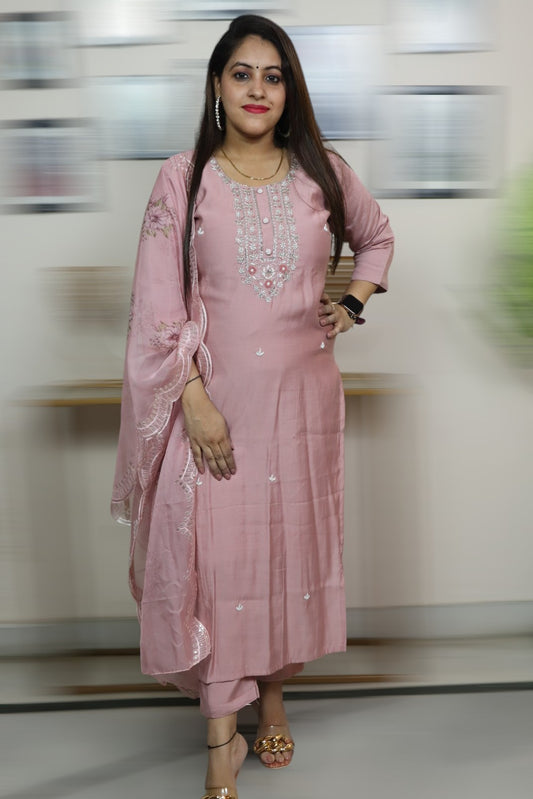 ISHI 862 Beautiful Pastel Pink Color Russian Silk Embroidery Work Patywear 3 Pcs Suit